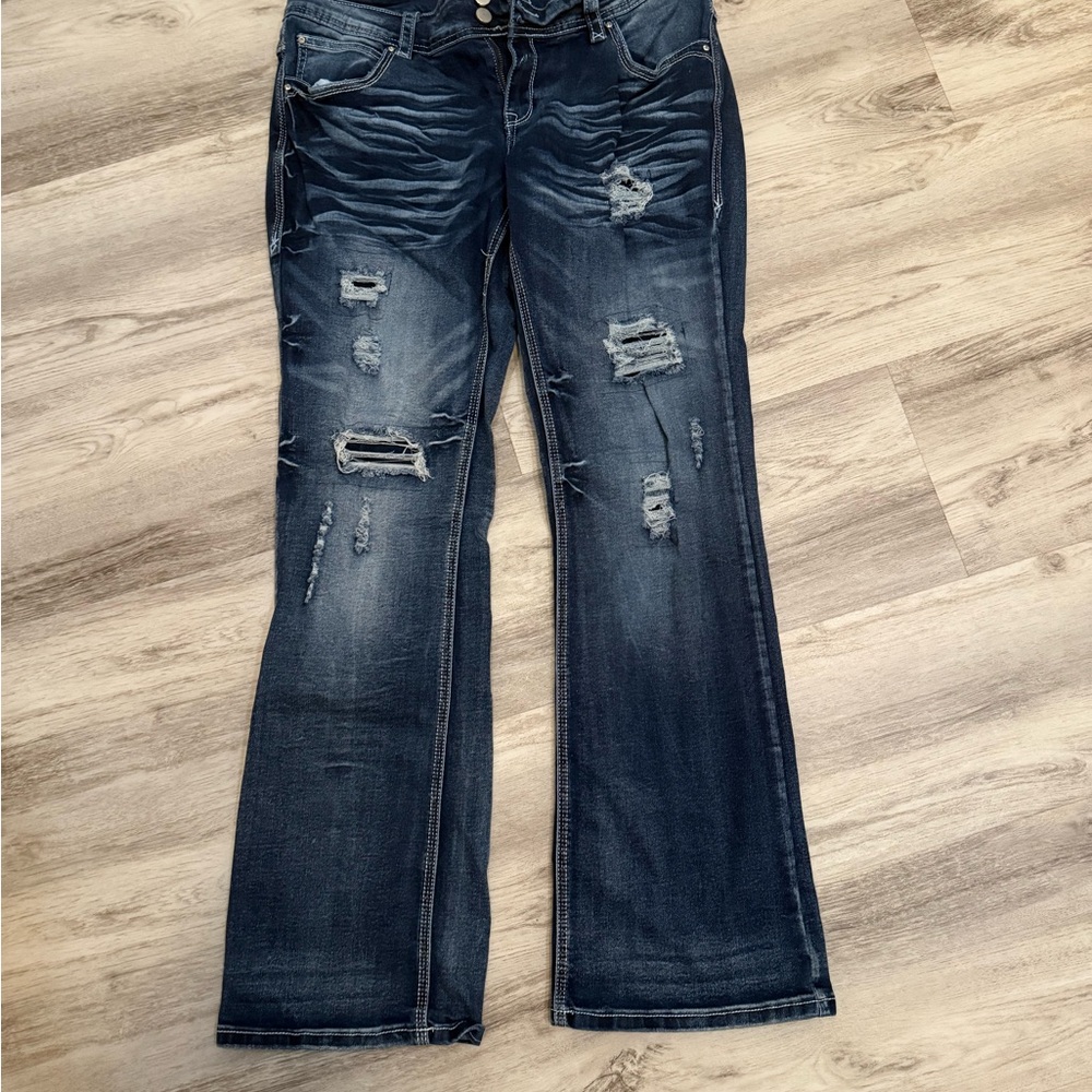 Flamingo Distressed Dark Blue Flare Jeans